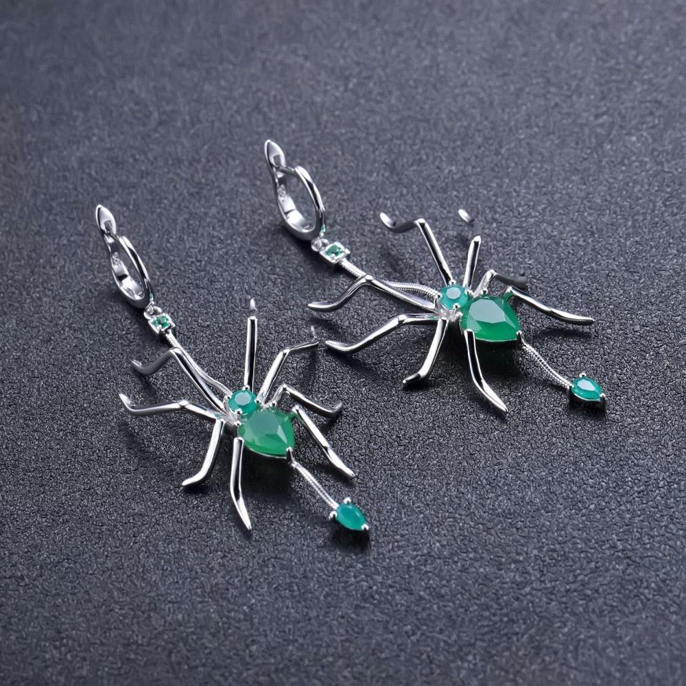 Emerald-Inspired Sterling Silver Spider Drop Earrings with Green Agate - Lucid Fantasy 