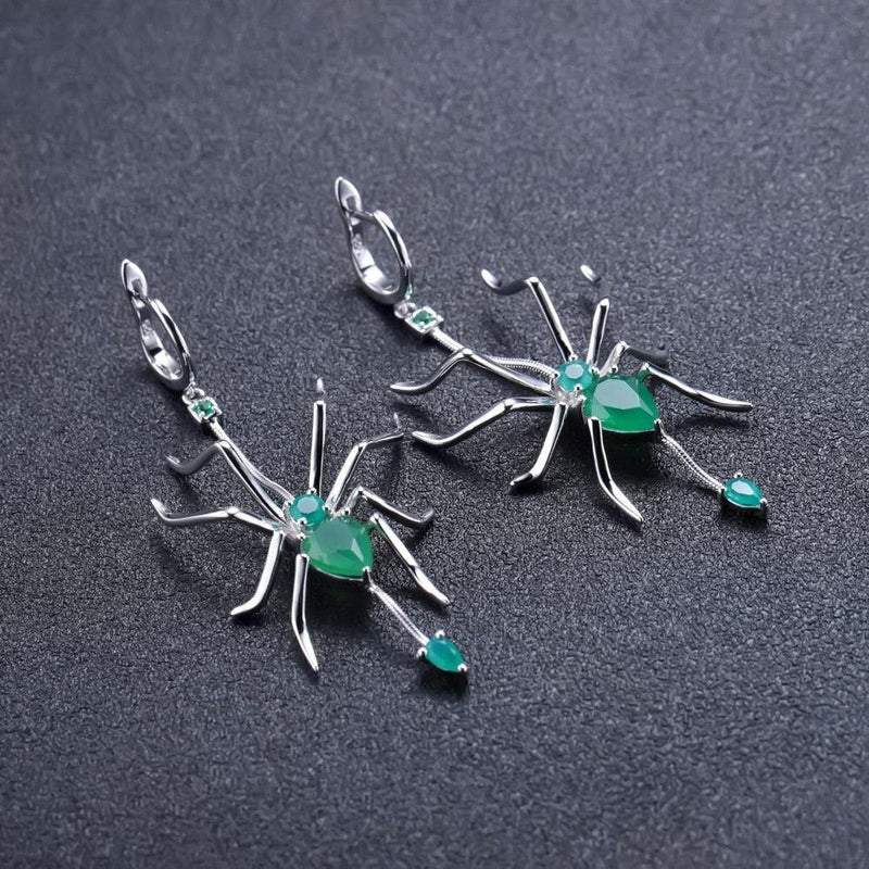 Emerald-Inspired Sterling Silver Spider Drop Earrings with Green Agate - Lucid Fantasy 