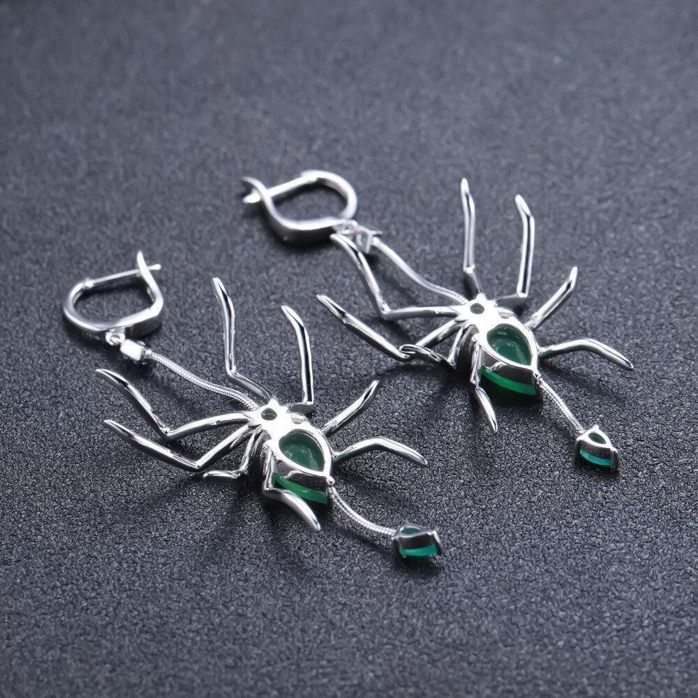 Emerald-Inspired Sterling Silver Spider Drop Earrings with Green Agate - Lucid Fantasy 