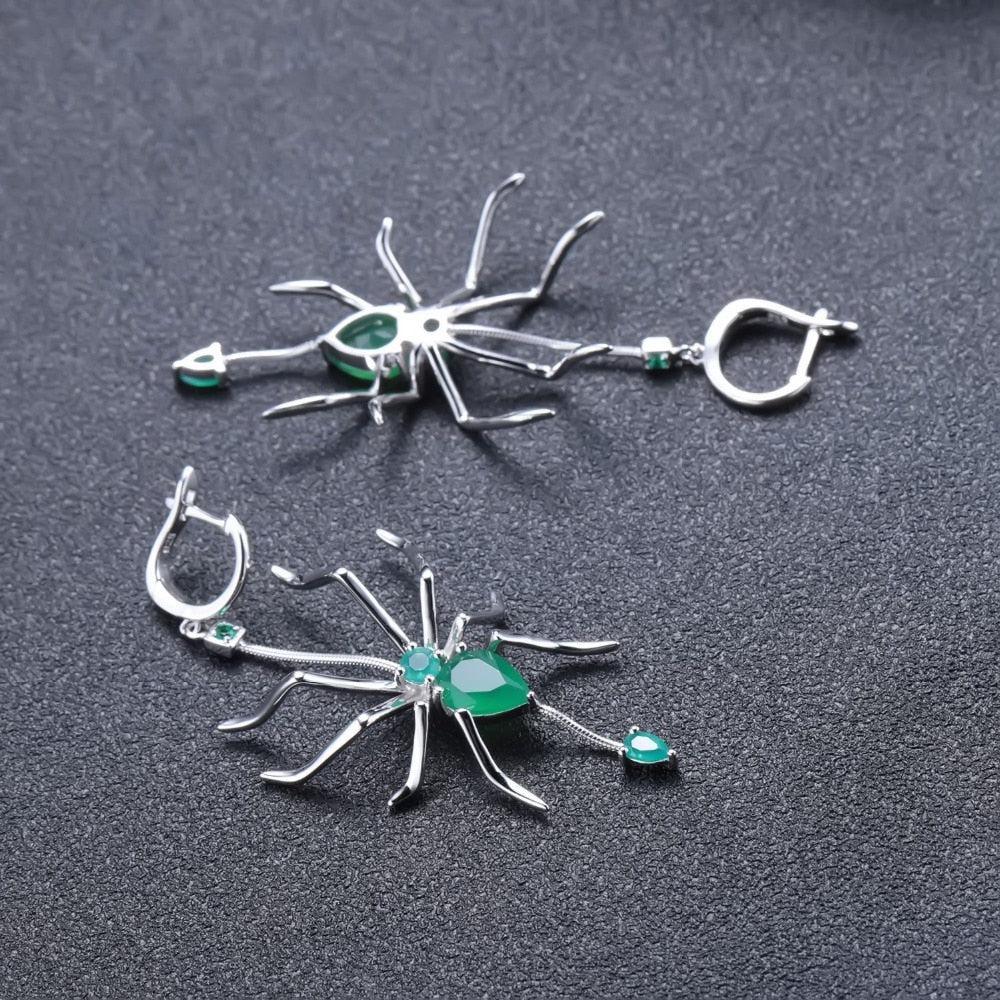 Emerald-Inspired Sterling Silver Spider Drop Earrings with Green Agate - Lucid Fantasy 