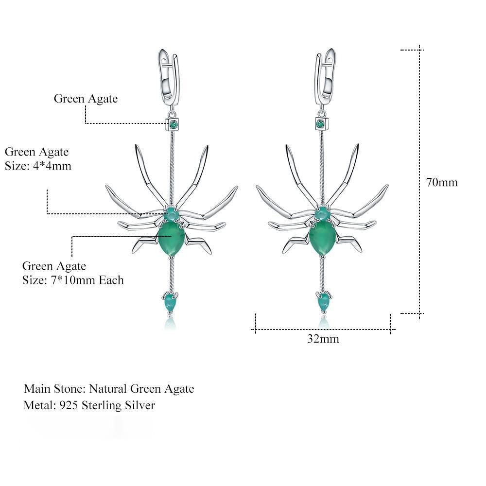 Emerald-Inspired Sterling Silver Spider Drop Earrings with Green Agate - Lucid Fantasy 