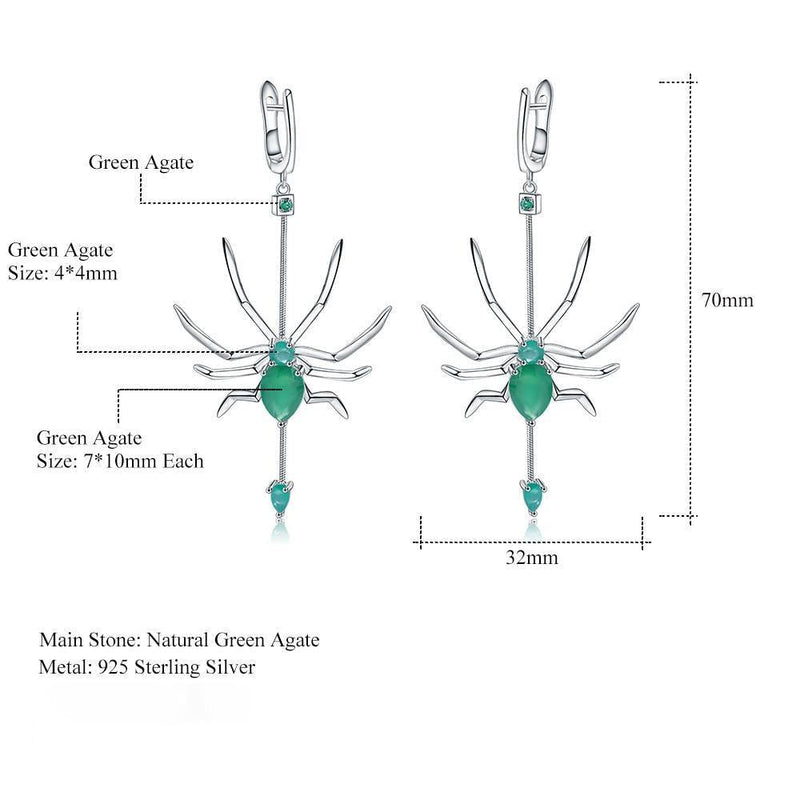 Emerald-Inspired Sterling Silver Spider Drop Earrings with Green Agate - Lucid Fantasy 