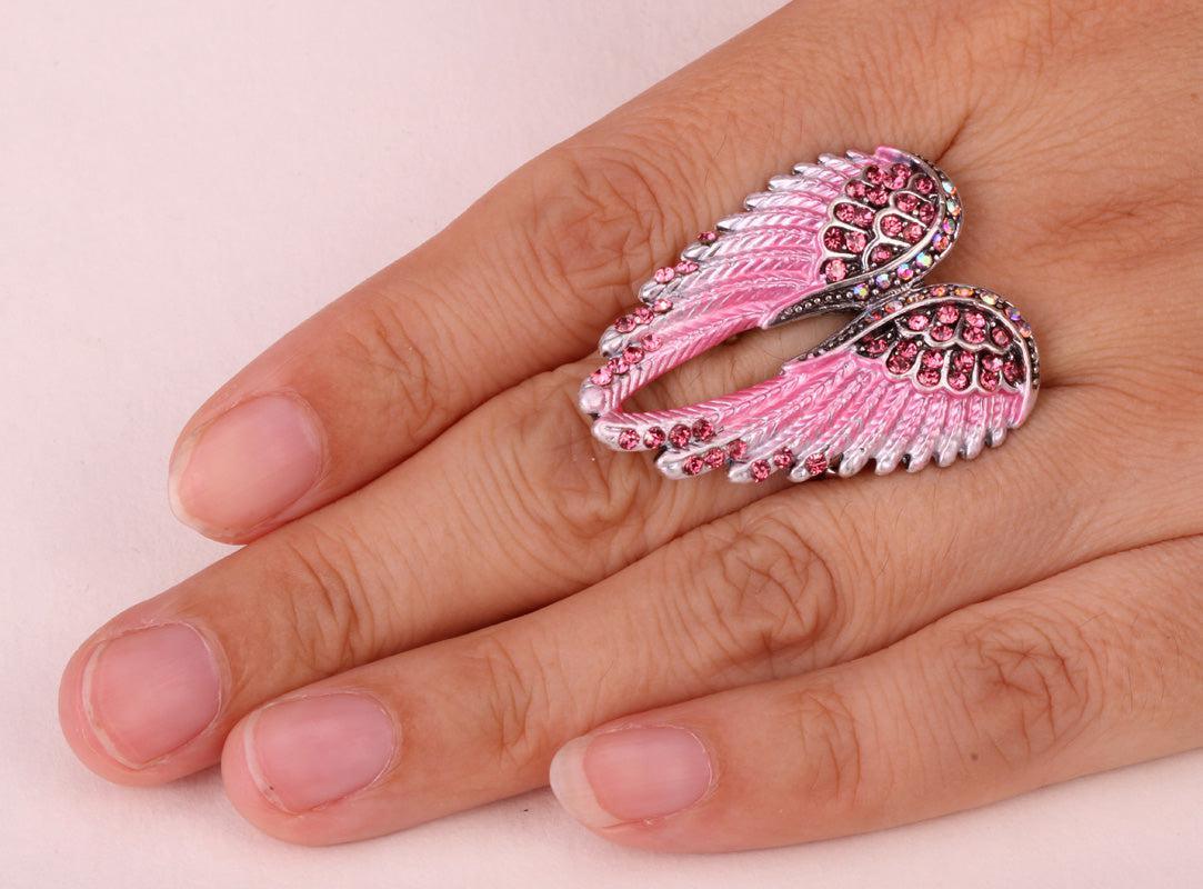 Ethereal Crystal-Embellished Angel Wings Adjustable Ring - Fashion Statement Piece - Lucid Fantasy 