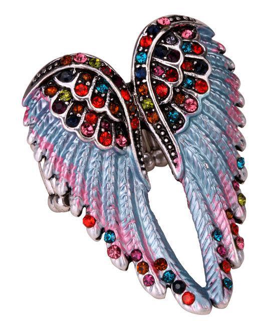 Ethereal Crystal-Embellished Angel Wings Adjustable Ring - Fashion Statement Piece - Lucid Fantasy 