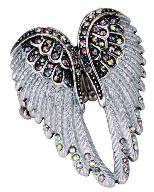 Ethereal Crystal-Embellished Angel Wings Adjustable Ring - Fashion Statement Piece - Lucid Fantasy 