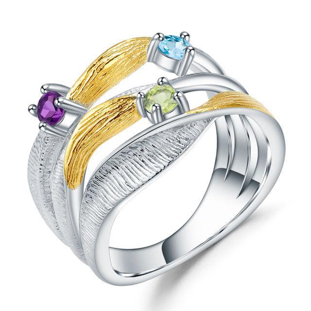 Exquisite Handcrafted Multi-Gem Twist Ring in Sterling Silver - Lucid Fantasy 