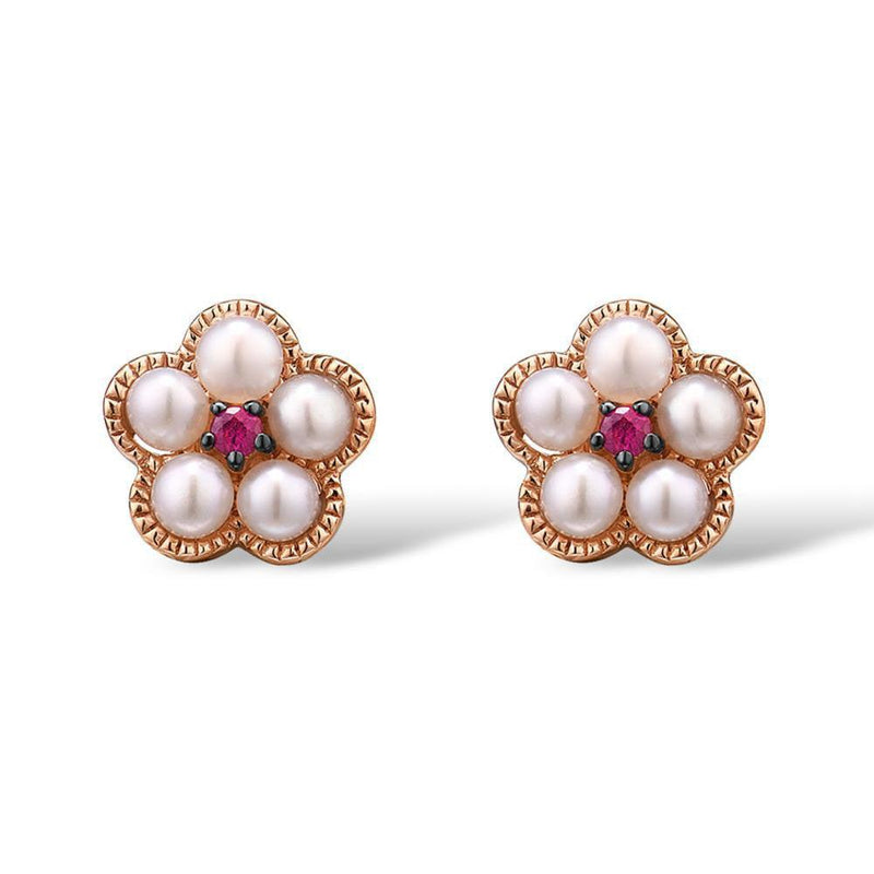 Floral Braid 14k Rose Gold Stud Earrings with Ruby and Freshwater Pearl Accents - Lucid Fantasy 