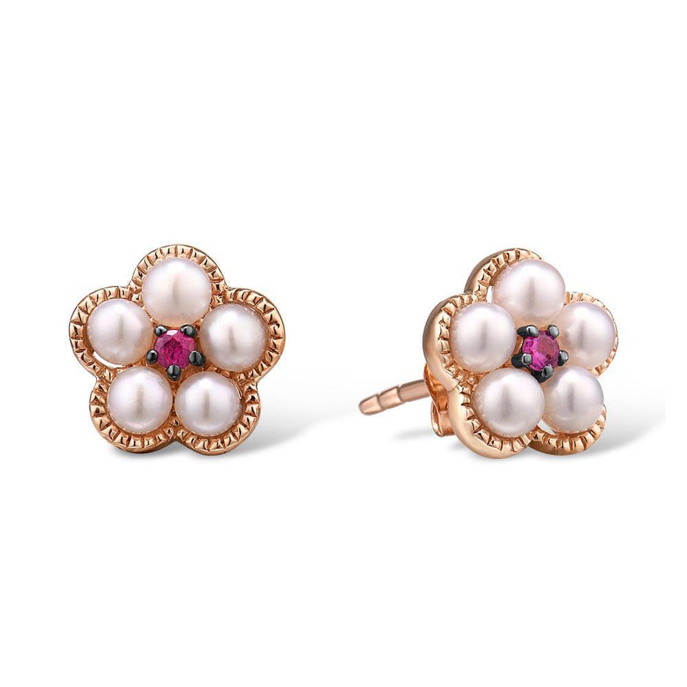 Floral Braid 14k Rose Gold Stud Earrings with Ruby and Freshwater Pearl Accents - Lucid Fantasy 