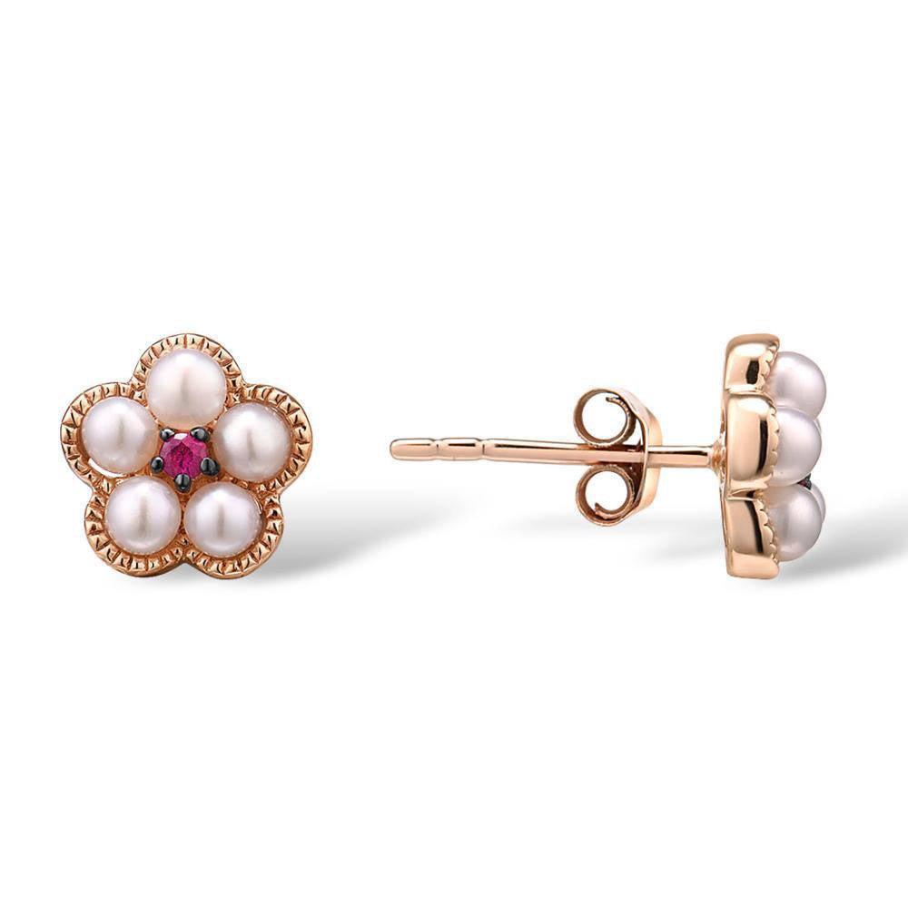 Floral Braid 14k Rose Gold Stud Earrings with Ruby and Freshwater Pearl Accents - Lucid Fantasy 