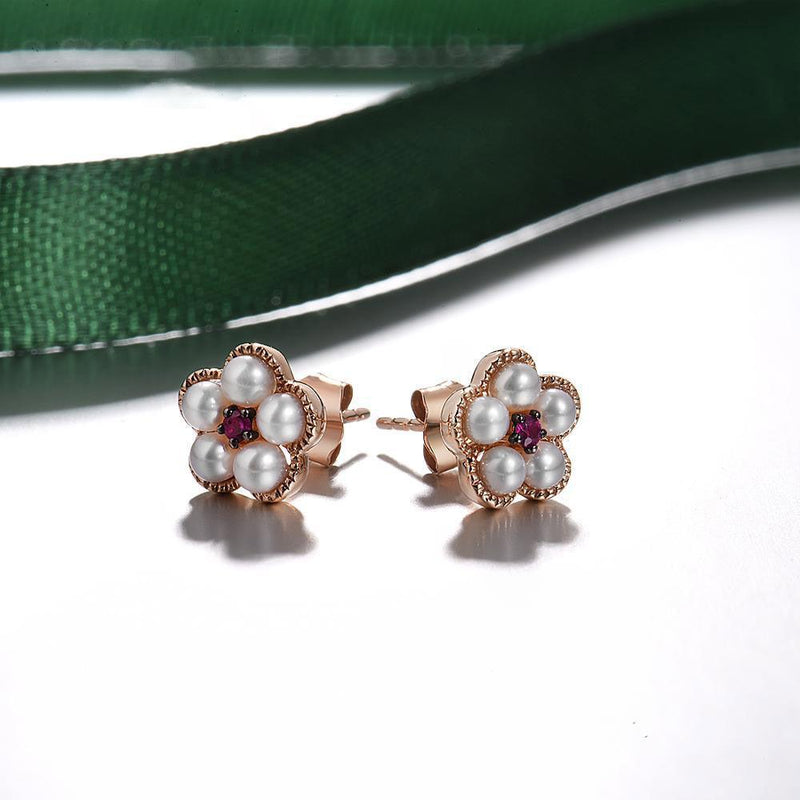 Floral Braid 14k Rose Gold Stud Earrings with Ruby and Freshwater Pearl Accents - Lucid Fantasy 