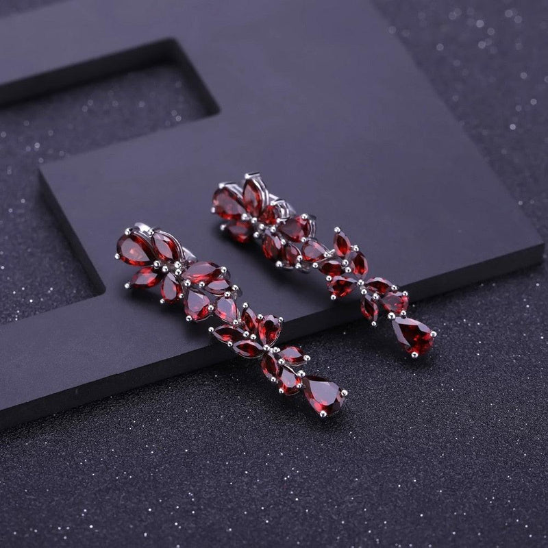 Floral Drop Red Garnet Dangle Earrings in Sterling Silver - Lucid Fantasy 