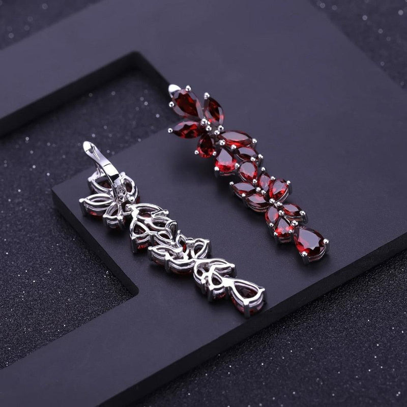 Floral Drop Red Garnet Dangle Earrings in Sterling Silver - Lucid Fantasy 