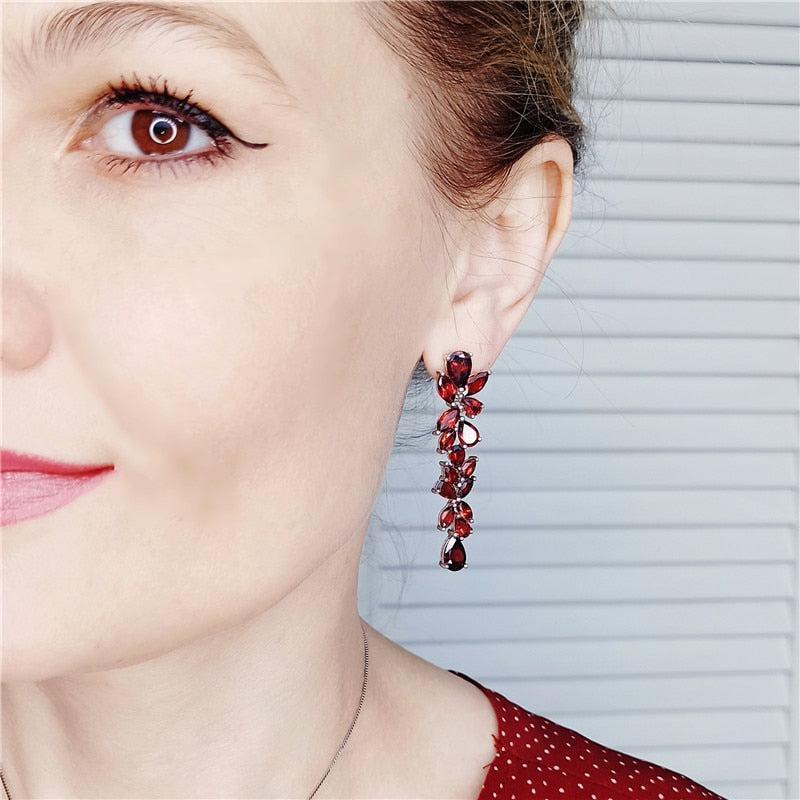 Floral Drop Red Garnet Dangle Earrings in Sterling Silver - Lucid Fantasy 