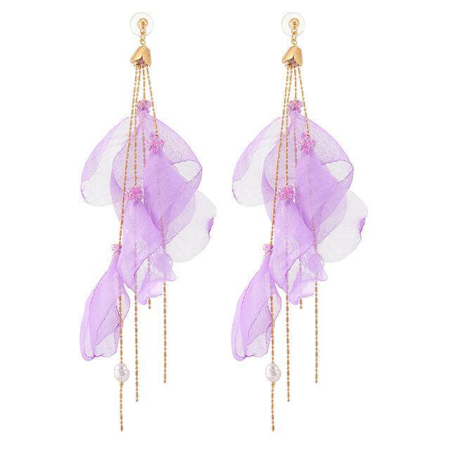 Floral Lace Maxi Tassel Drop Earrings with Longline Chain - Lucid Fantasy 