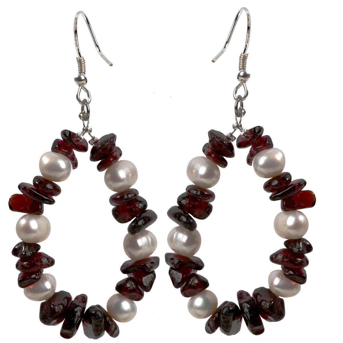 Garnet and Freshwater Pearl Sterling Silver Hoop-Drop Earrings - Lucid Fantasy 