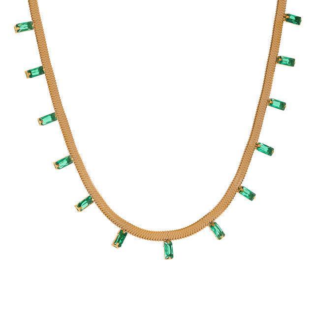 Glamorous Emerald Green and White CZ Gold Plated Choker Necklace with Flat Link Design - Lucid Fantasy 