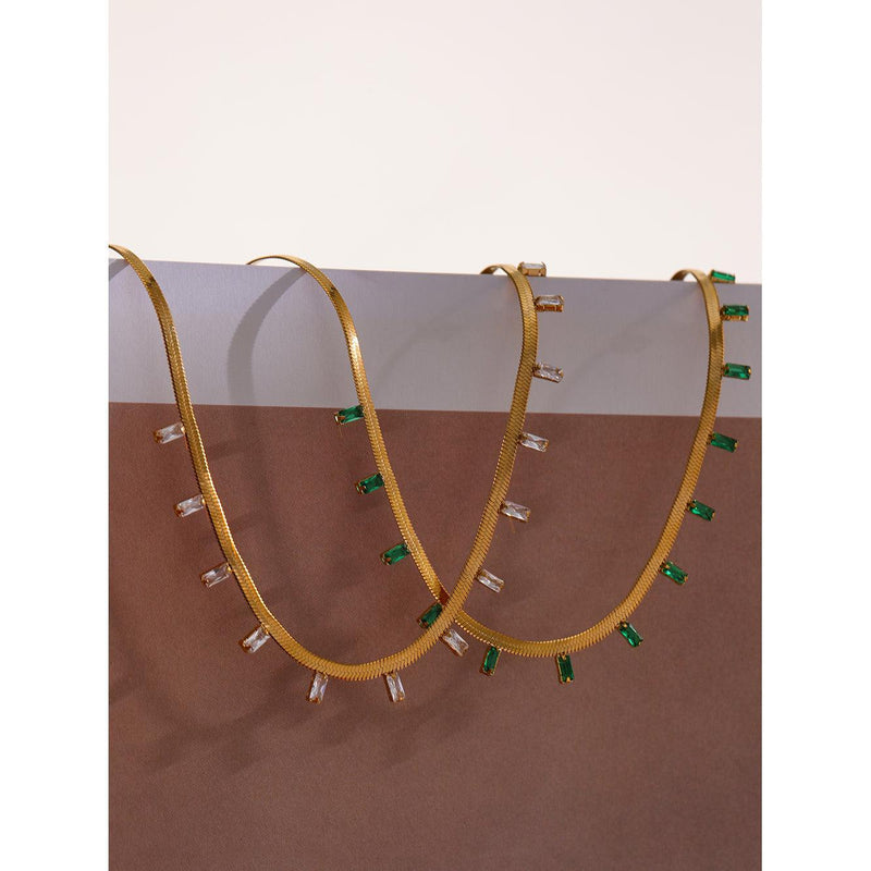 Glamorous Emerald Green and White CZ Gold Plated Choker Necklace with Flat Link Design - Lucid Fantasy 