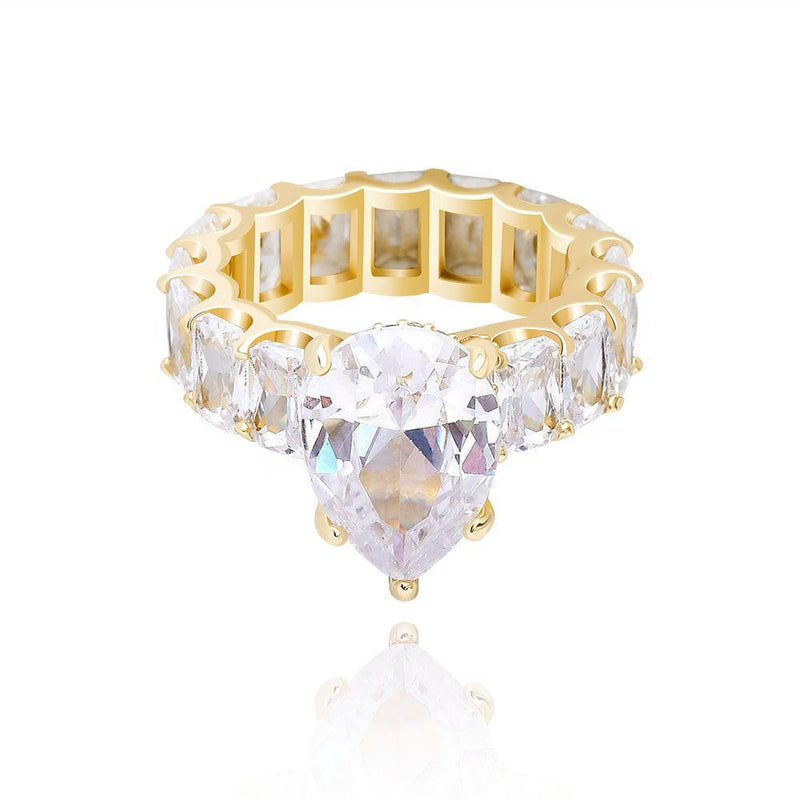 Glamorous Iced Out Pear Cut CZ Statement Ring - Luxurious Fashion Accessory in Copper and Gold Plating - Lucid Fantasy 