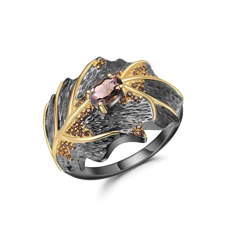 Golden Leaf Design Smoky Quartz Ring in Sterling Silver - Lucid Fantasy 