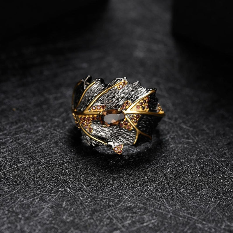 Golden Leaf Design Smoky Quartz Ring in Sterling Silver - Lucid Fantasy 