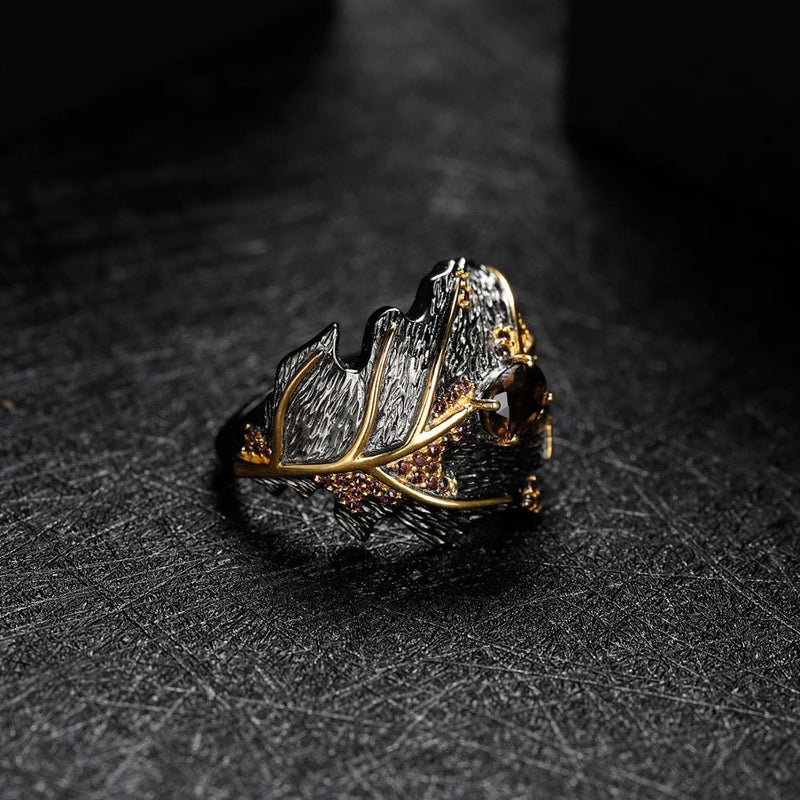 Golden Leaf Design Smoky Quartz Ring in Sterling Silver - Lucid Fantasy 