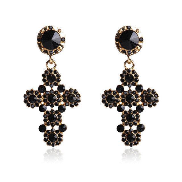 Gothic Elegance: Crystal Rhinestone Cross Drop Earrings in BOHO Style - Lucid Fantasy 