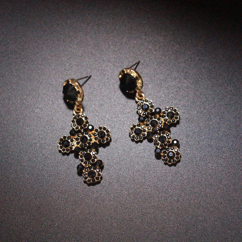 Gothic Elegance: Crystal Rhinestone Cross Drop Earrings in BOHO Style - Lucid Fantasy 