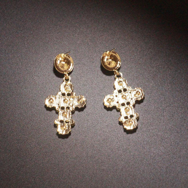 Gothic Elegance: Crystal Rhinestone Cross Drop Earrings in BOHO Style - Lucid Fantasy 