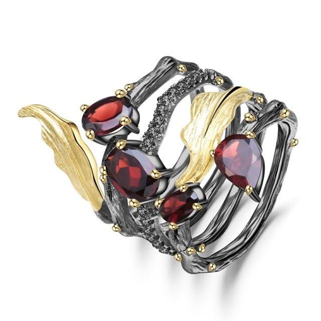 Gothic Elegance Sterling Silver Red Garnet Wrap Ring - Lucid Fantasy 