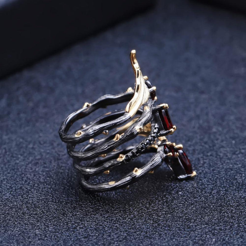 Gothic Elegance Sterling Silver Red Garnet Wrap Ring - Lucid Fantasy 