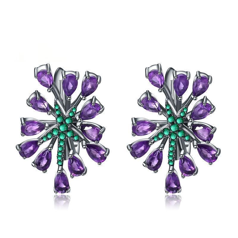 Gunmetal Black Sterling Silver Amethyst Star Earrings with Emerald Accent - Lucid Fantasy 