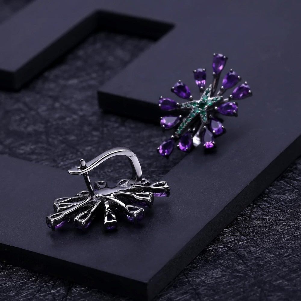 Gunmetal Black Sterling Silver Amethyst Star Earrings with Emerald Accent - Lucid Fantasy 