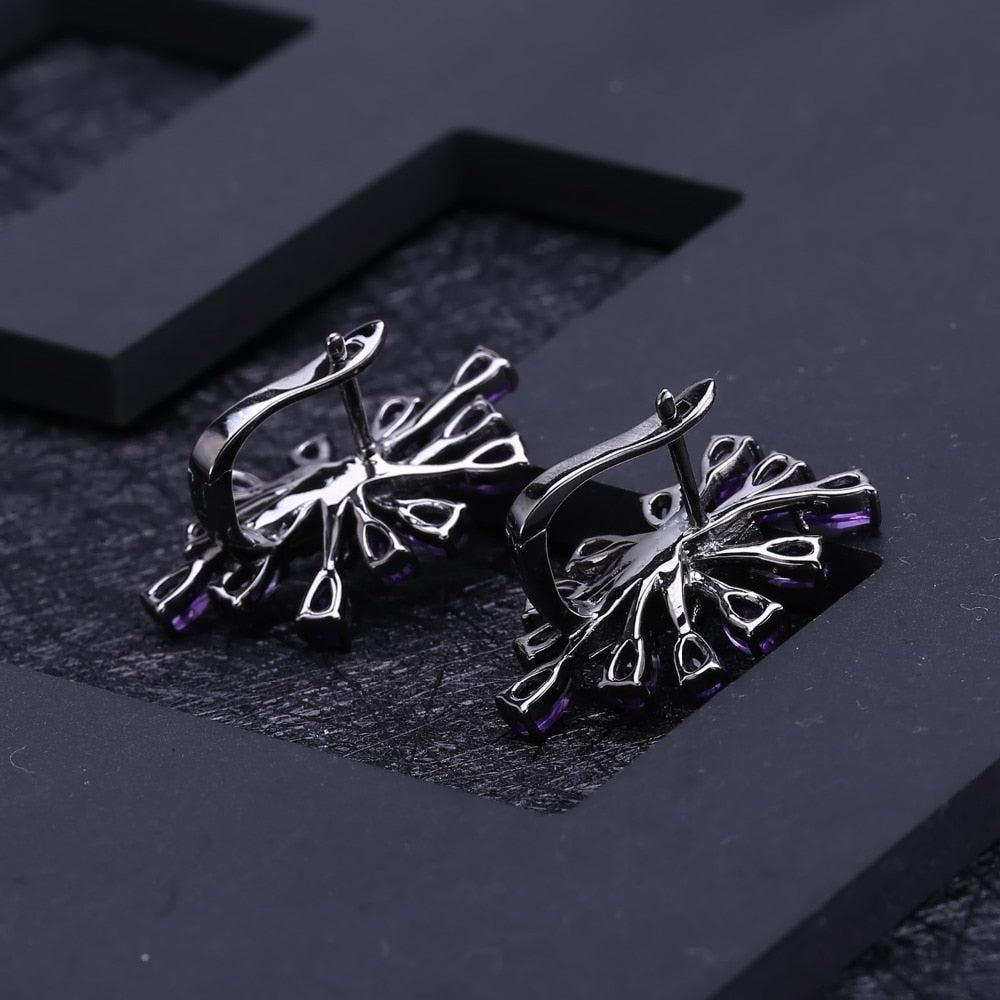 Gunmetal Black Sterling Silver Amethyst Star Earrings with Emerald Accent - Lucid Fantasy 