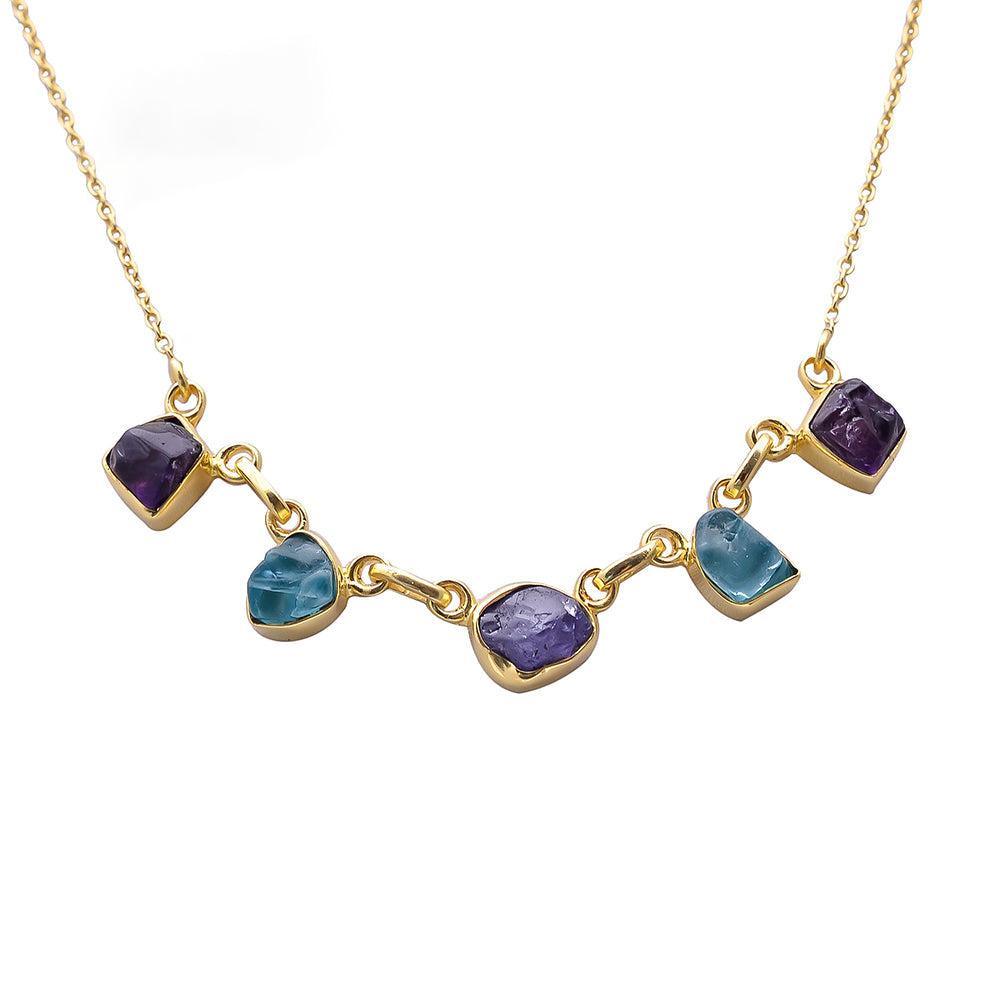 Handcrafted Bohemian Chunky Silver Necklace with Rough-Cut Amethyst, Topaz, and Tanzanite Gemstones - Lucid Fantasy 