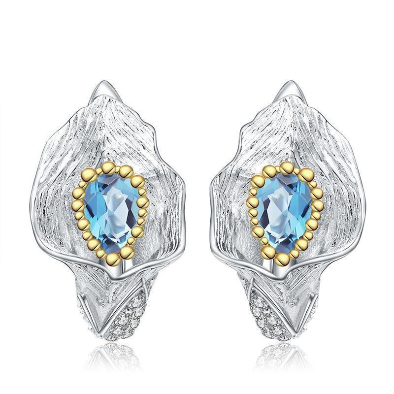 Handcrafted Calla Lily Earrings with Swiss Blue Topaz and Gold Accents - Lucid Fantasy 