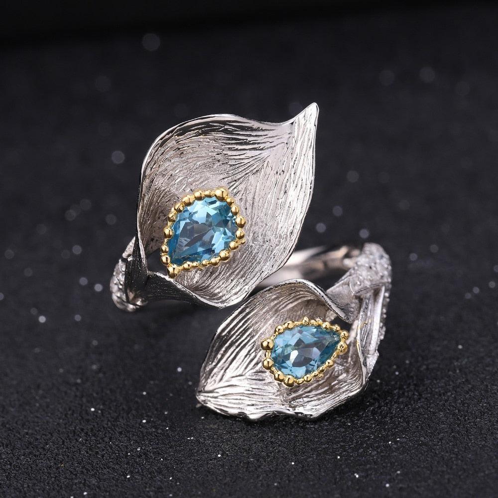 Handcrafted Sterling Silver Calla Lily Ring with Swiss Blue Topaz and Gold Accents - Lucid Fantasy 