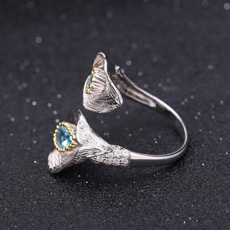 Handcrafted Sterling Silver Calla Lily Ring with Swiss Blue Topaz and Gold Accents - Lucid Fantasy 