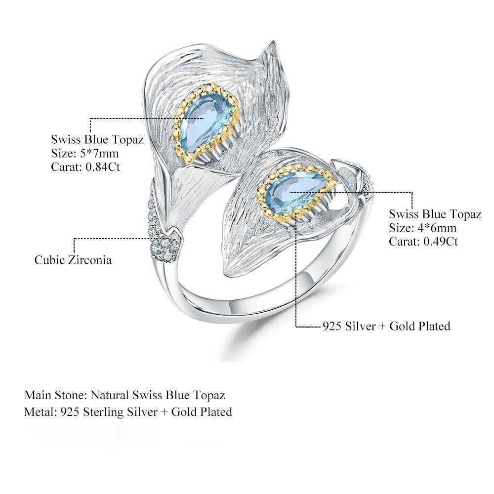 Handcrafted Sterling Silver Calla Lily Ring with Swiss Blue Topaz and Gold Accents - Lucid Fantasy 