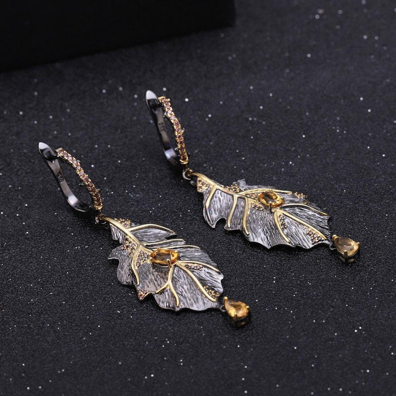 Handcrafted Sterling Silver Citrine Leaf Drop Earrings - Lucid Fantasy 