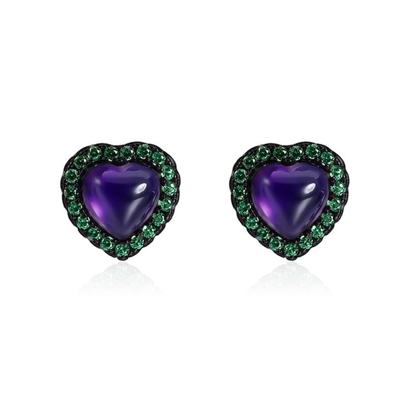 Heart-Shaped Amethyst Stud Earrings with Emerald Crystal Halo in Sterling Silver - Lucid Fantasy 