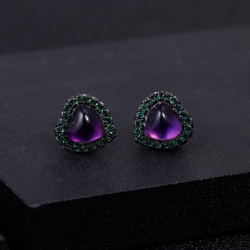 Heart-Shaped Amethyst Stud Earrings with Emerald Crystal Halo in Sterling Silver - Lucid Fantasy 