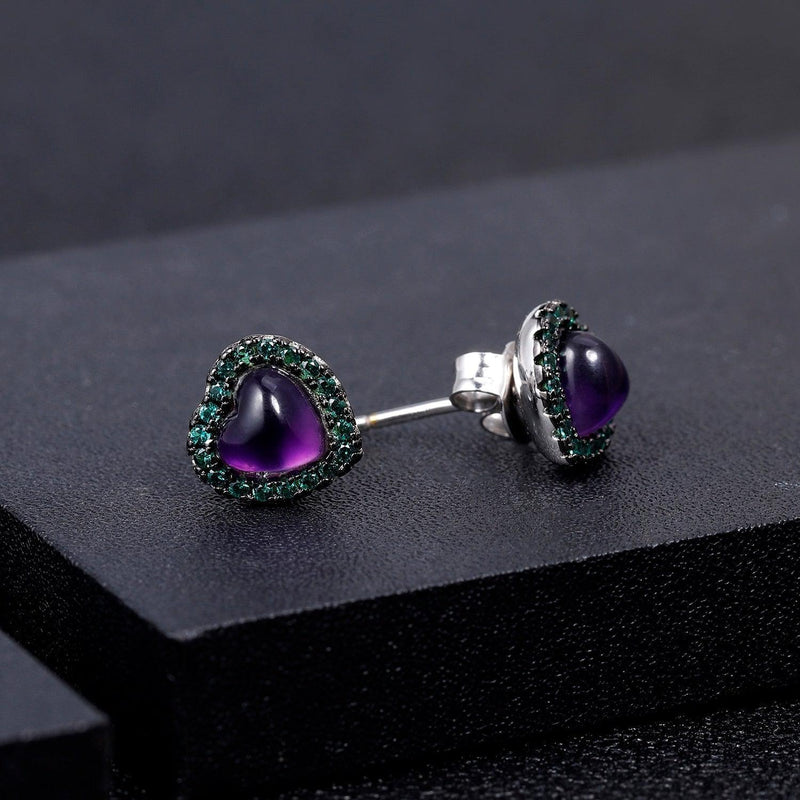 Heart-Shaped Amethyst Stud Earrings with Emerald Crystal Halo in Sterling Silver - Lucid Fantasy 