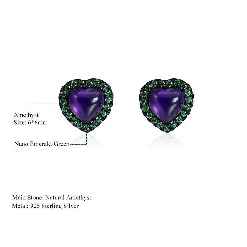 Heart-Shaped Amethyst Stud Earrings with Emerald Crystal Halo in Sterling Silver - Lucid Fantasy 