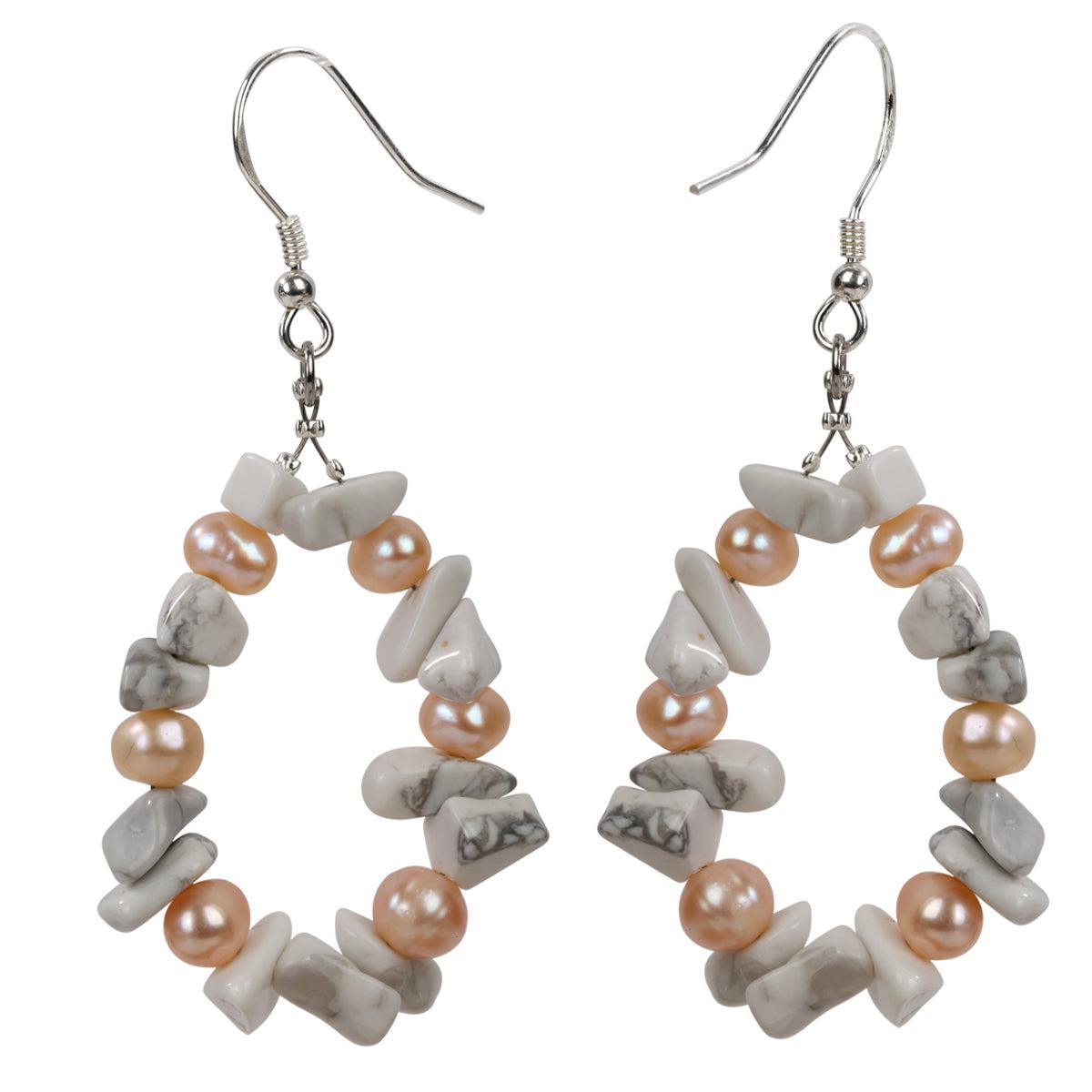 Howlite Gemstone and Freshwater Pearl Dangle Hoop Earrings in Sterling Silver - Lucid Fantasy 