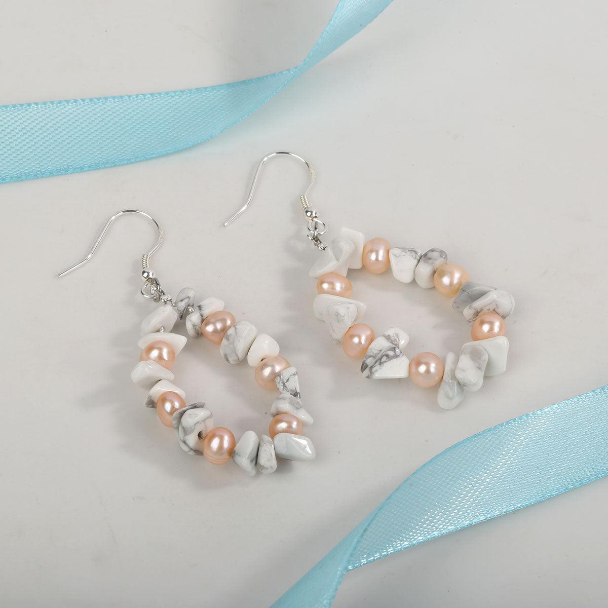 Howlite Gemstone and Freshwater Pearl Dangle Hoop Earrings in Sterling Silver - Lucid Fantasy 