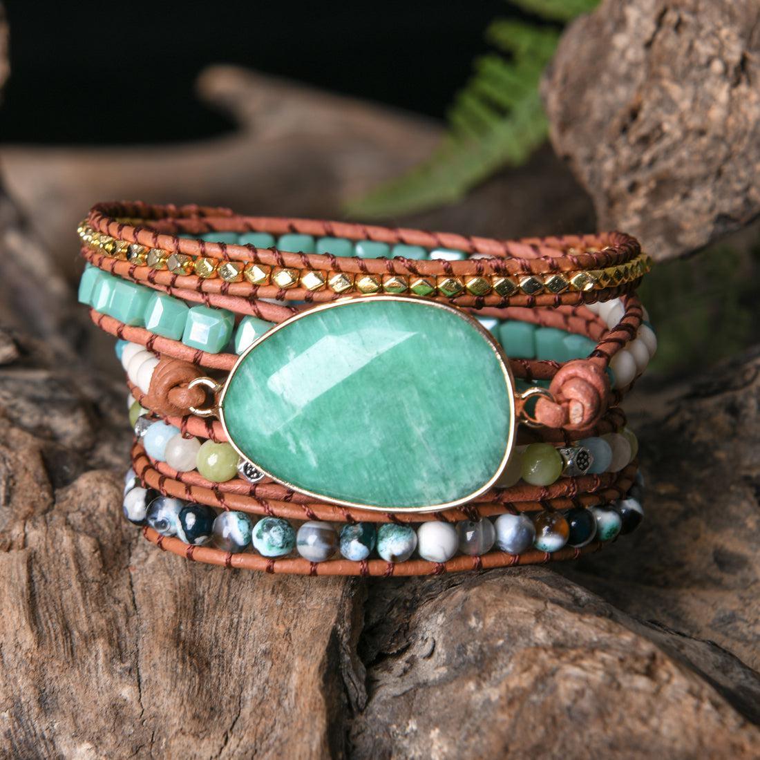 Imperial Jasper and Green Agate Leather Wrap Bracelet - Lucid Fantasy 