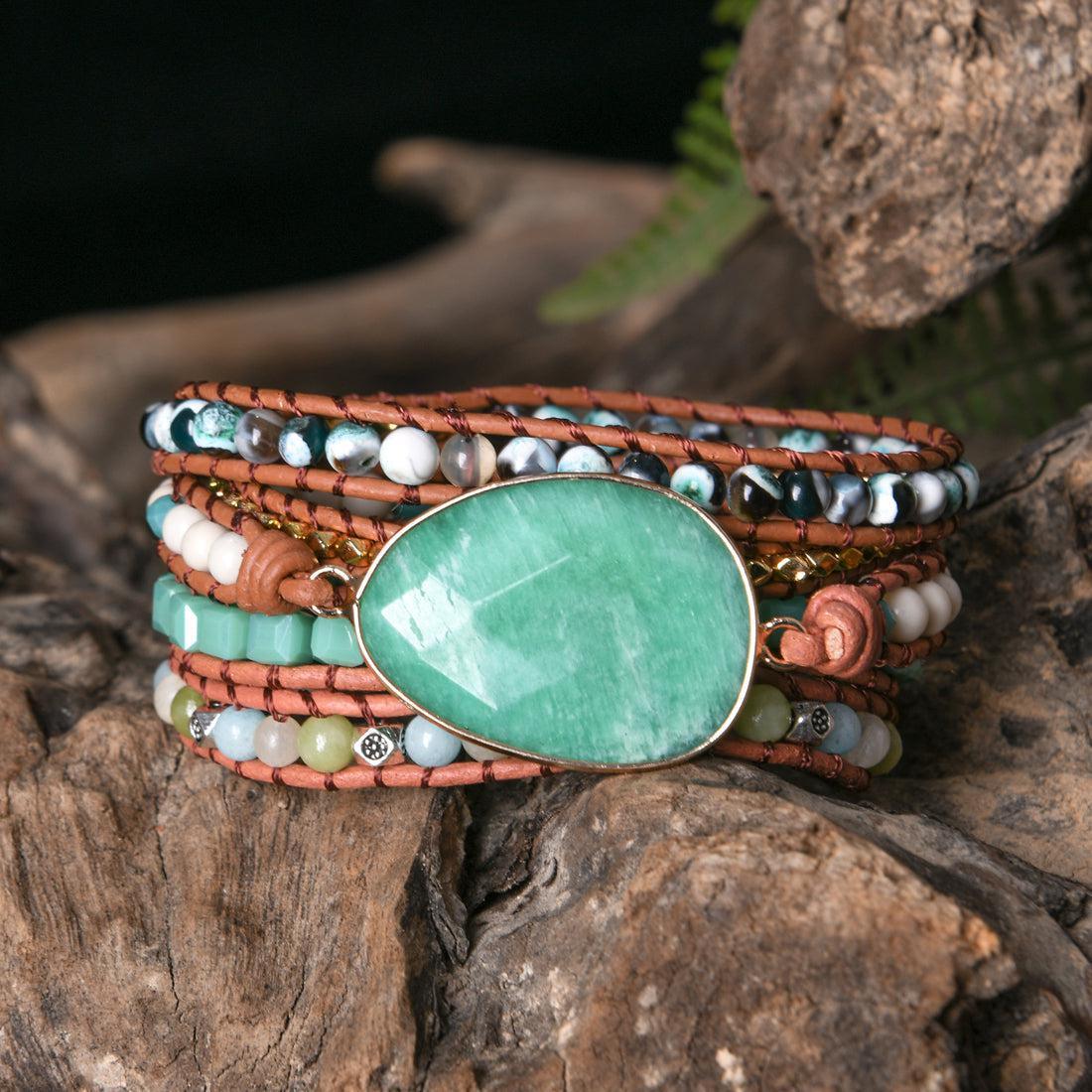 Imperial Jasper and Green Agate Leather Wrap Bracelet - Lucid Fantasy 