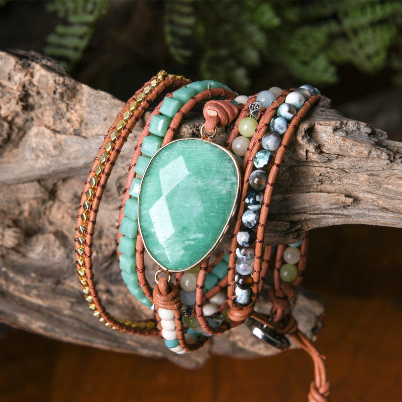 Imperial Jasper and Green Agate Leather Wrap Bracelet - Lucid Fantasy 