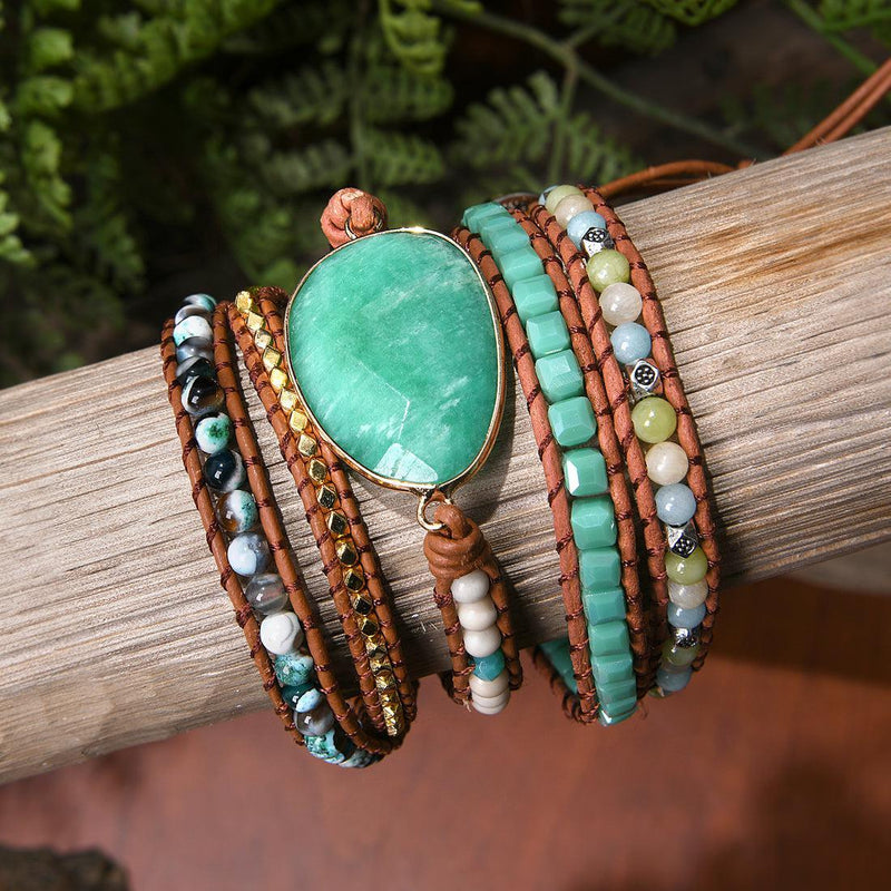 Imperial Jasper and Green Agate Leather Wrap Bracelet - Lucid Fantasy 