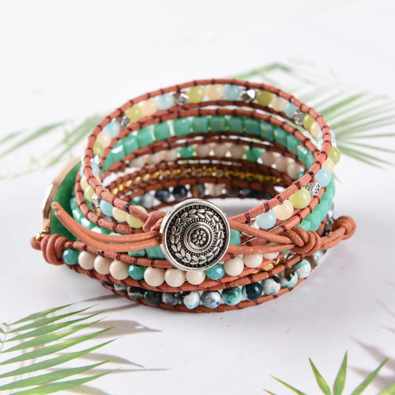 Imperial Jasper and Green Agate Leather Wrap Bracelet - Lucid Fantasy 